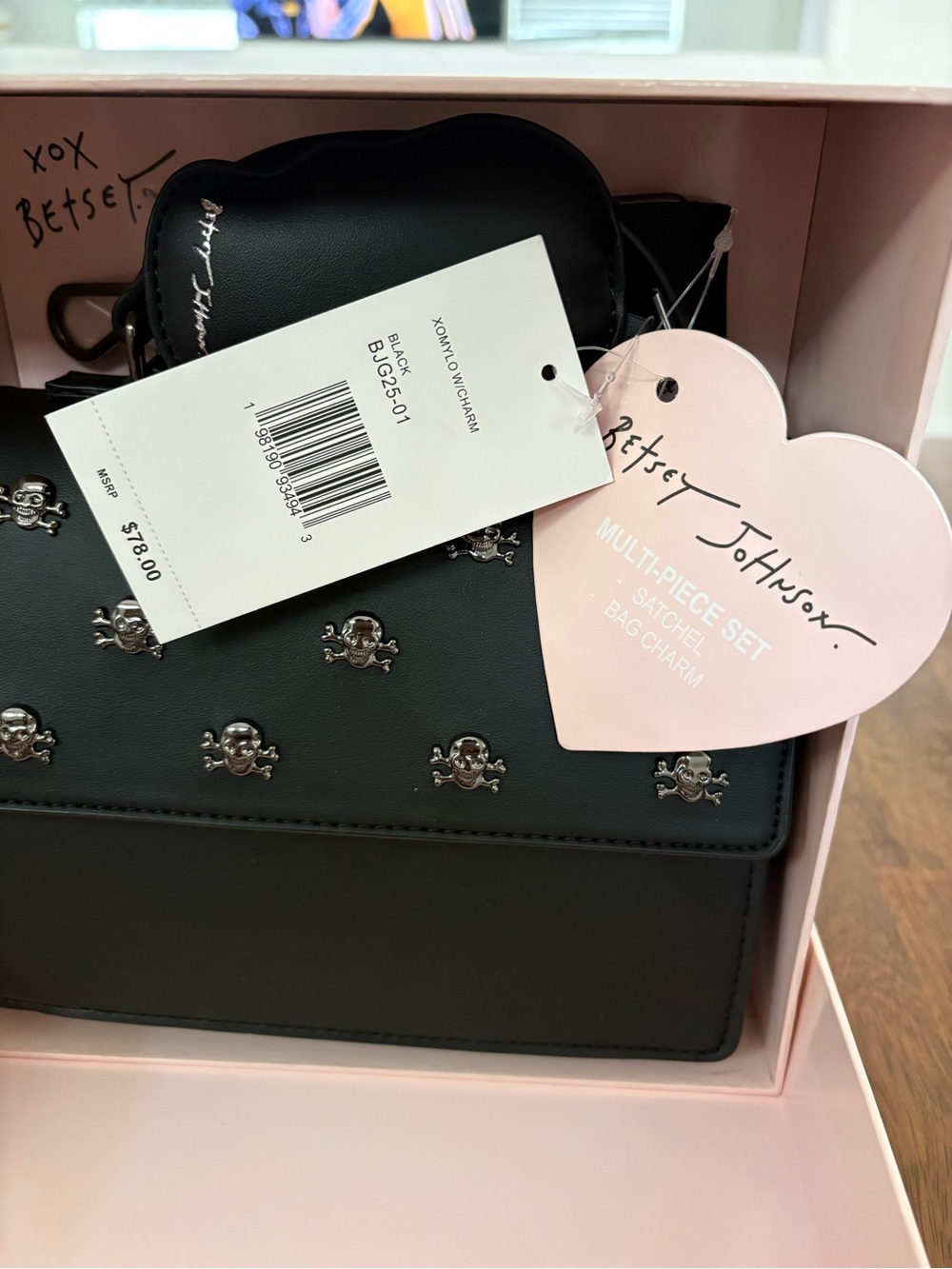 Betsey Johnson Black Satchel with Skull Charm Accents - Picture 3 of 6